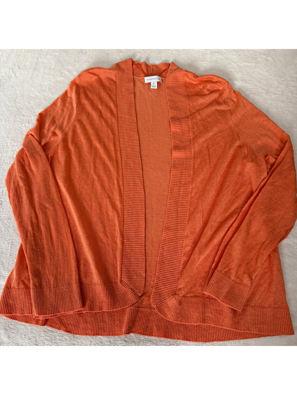 Charter Club Women’s XL Cardigan Coral Orange Linen Blend Open Front Long Sleeve